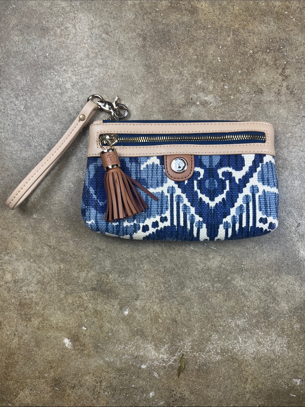Spartina 449 Linen and leather Wristlet Clutch with indigo print